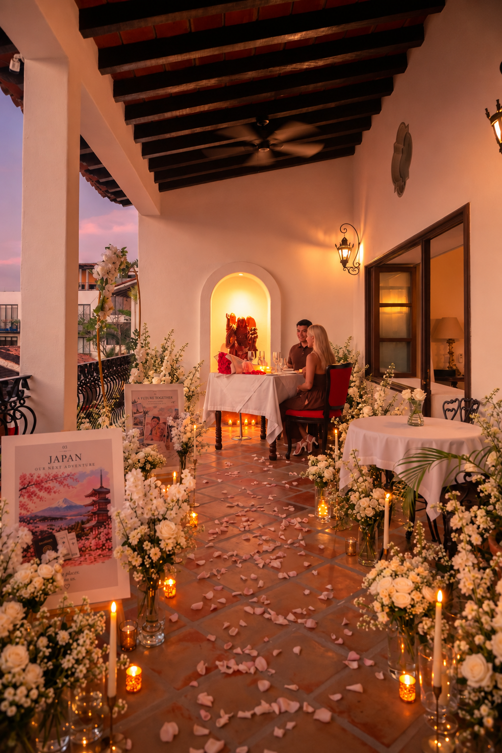 Romantic terrace decorated with white flowers at sunset for a marriage proposal in Puerto Vallarta